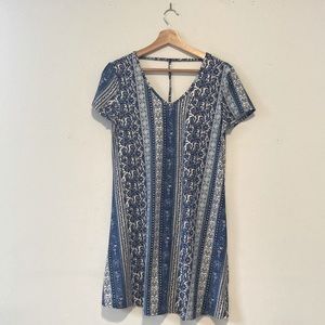 Blue, White and Pink V- Neck Patterned Dress